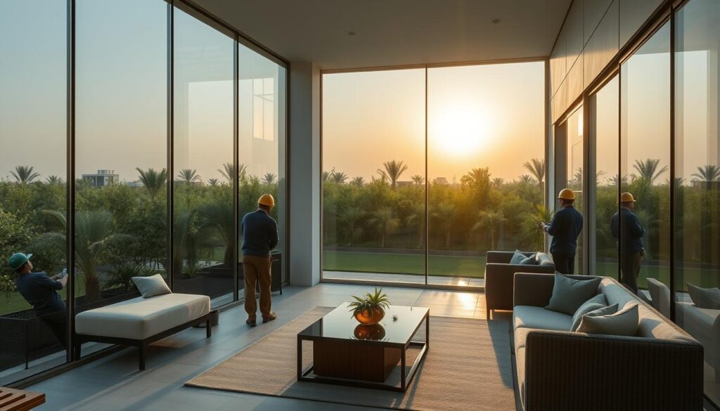 Serene outdoor living spaces with sleek, modern glass annexes and insulated sandwich panel walls. Warm, natural lighting filters through large panoramic windows, illuminating the tasteful furnishings and lush greenery beyond. Workers meticulously install the panels, ensuring a seamless, precision-engineered finish. The tranquil ambiance invites relaxation, while the thoughtful architectural design elevates the experience. Capture the essence of refined, open-air living in the heart of Qatif, Saudi Arabia.