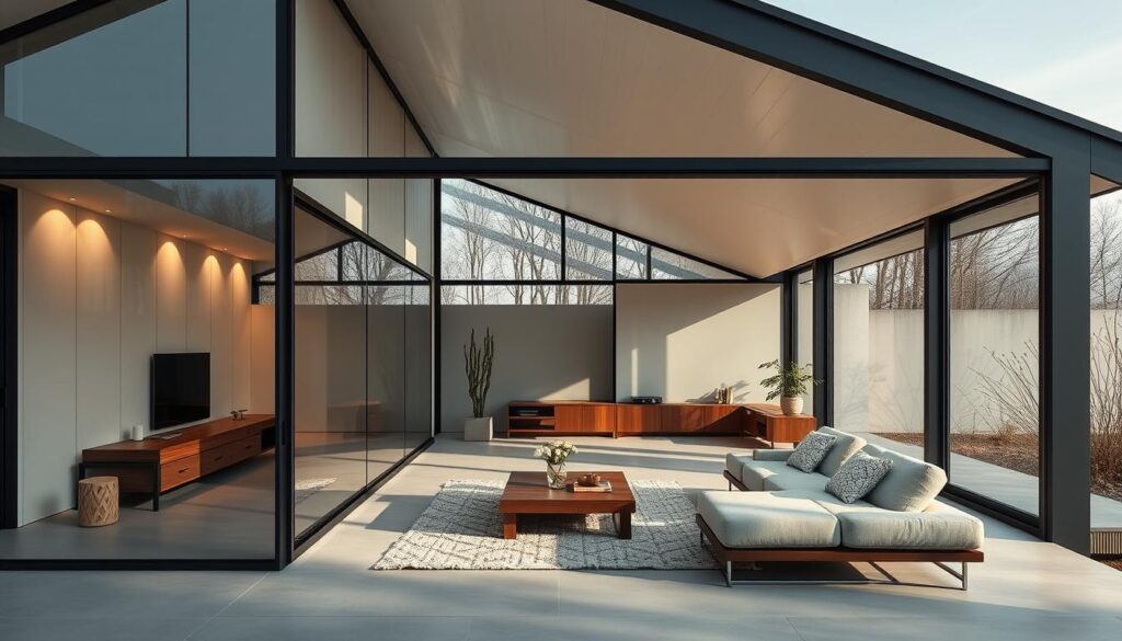 Sleek and contemporary open-air annexe with floor-to-ceiling glass walls, accented by clean lines and integrated lighting. Insulated modular sandwich panels form the exterior structure, seamlessly blending modern aesthetics with functional thermal efficiency. Minimal furnishings and natural materials like wood and stone create a serene, relaxing ambiance. Soft diffused daylight filters through the expansive glazing, casting a warm glow throughout the space. Carefully angled shots highlight the architectural details and fluid, harmonious design. The annexe embodies a perfect balance of style and comfort, an inviting extension of the main living space.