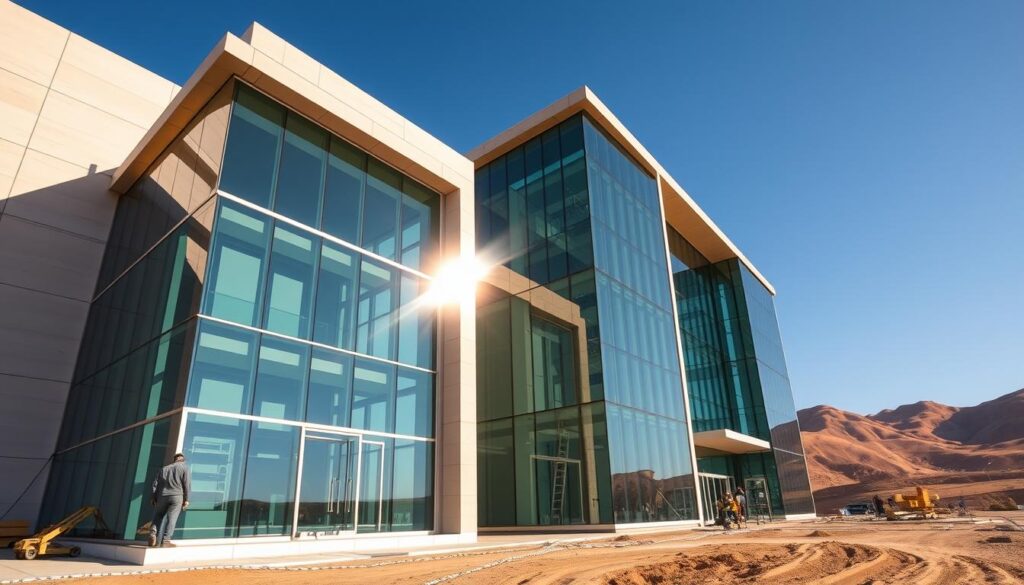 Towering glass-encased annexes rise, their sleek facades gleaming under the warm desert sun. Teams of skilled workers meticulously install gleaming insulated sandwich panels, crafting a seamless union of function and form. Subtle yet striking, the structures embody the exacting standards of quality that define the Eshraquia's construction philosophy. Precision-engineered systems harmonize with elegant architectural motifs, creating spaces of both beauty and performance. Beams of light pierce through the expansive glazing, illuminating the careful attention to detail that permeates every aspect of the build. This is the vision of quality that underpins the Eshraquia's approach to exceptional exterior design.