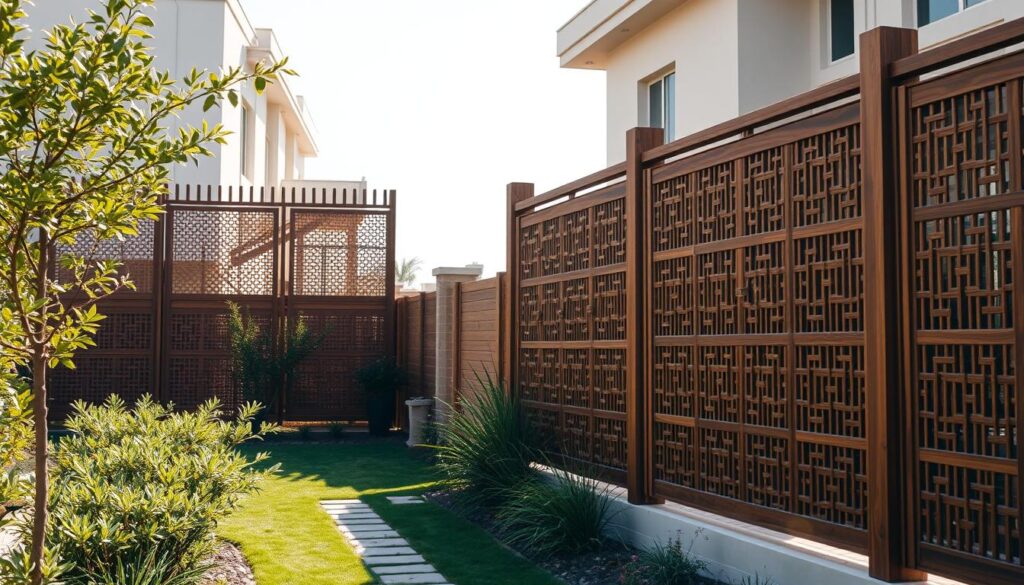 Wooden privacy fences and screens adorning the Dammam landscape, showcasing a harmonious blend of natural elements and modern architectural design. Intricate wooden patterns and warm tones create a cozy, inviting ambiance, while sturdy construction ensures lasting durability. The scene is bathed in soft, natural lighting, highlighting the tactile textures and elegant silhouettes of the structures. These versatile barriers provide both functional privacy and a visually captivating aesthetic, seamlessly integrating into the surrounding residential environment.