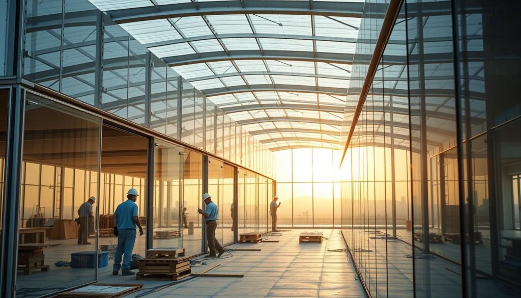 A breathtaking scene of meticulous craftsmanship and uncompromising quality. In the foreground, skilled workers meticulously install gleaming, insulated sandwich panels, constructing modern glass-enclosed annexes that seamlessly blend form and function. The middle ground showcases the precision and attention to detail, as workers ensure each panel is perfectly aligned, creating a sleek, sophisticated facade. In the background, the warm glow of natural light filters through the glass, casting a gentle, refined ambiance over the entire scene. This image captures the essence of the Sharqiyah Council's unwavering commitment to excellence, where every detail is meticulously considered and executed with the utmost care, delivering an exceptional experience.