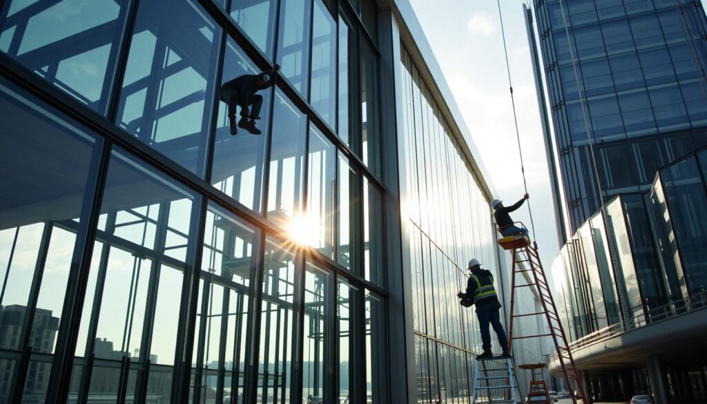 A contemporary architectural masterpiece takes shape, as skilled workers meticulously install gleaming glass panels and high-performance insulated sandwich walls. Sunlight filters through the sleek, angular structure, casting dynamic shadows that accentuate the clean lines and geometric forms. In the foreground, attention to detail is evident in the precision of the installation, with each component seamlessly integrated to create a harmonious whole. The mid-ground showcases the scale and grandeur of the project, while the background hints at the broader urban landscape, reflecting the vision and quality standards that define this landmark development in the Eastern region. Subtle lighting and a muted color palette convey a sense of refinement and professionalism, embodying the principles of excellence that guide this prestigious construction project.