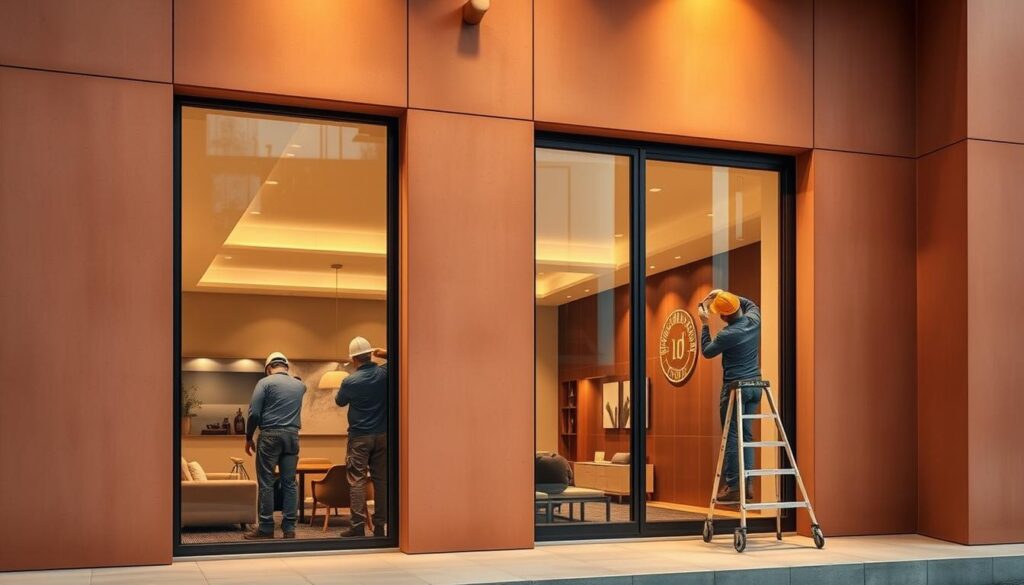 A contemporary building façade in warm tones, with clean lines and large windows showcasing an interior of modern furniture and decor. The scene depicts workers carefully installing sleek, insulated sandwich panels, highlighting the precision and craftsmanship required for high-quality construction in 2026. Soft, directional lighting accentuates the textures and materiality, creating a sense of depth and atmosphere. The composition balances the functional elements of the building process with an aspirational, design-forward aesthetic.
