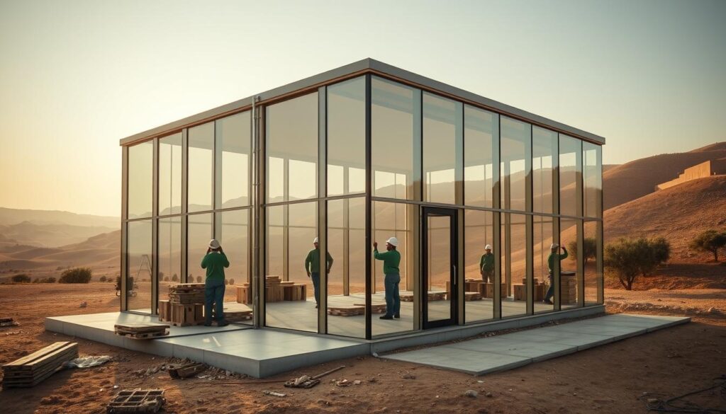 A contemporary glass-walled annex in Saudi Arabia, with workers meticulously installing insulated sandwich panels. The structure's sleek, minimalist design is accentuated by the play of natural light filtering through the expansive windows. The surrounding landscape, with its gentle rolling hills and lush greenery, provides a serene backdrop. The image captures the precision and craftsmanship involved in the construction process, as well as the aesthetics of modern architectural trends in the region. Warm, muted tones create an atmosphere of sophistication and quality, reflecting the high standards of building and finishing for the year 2026.