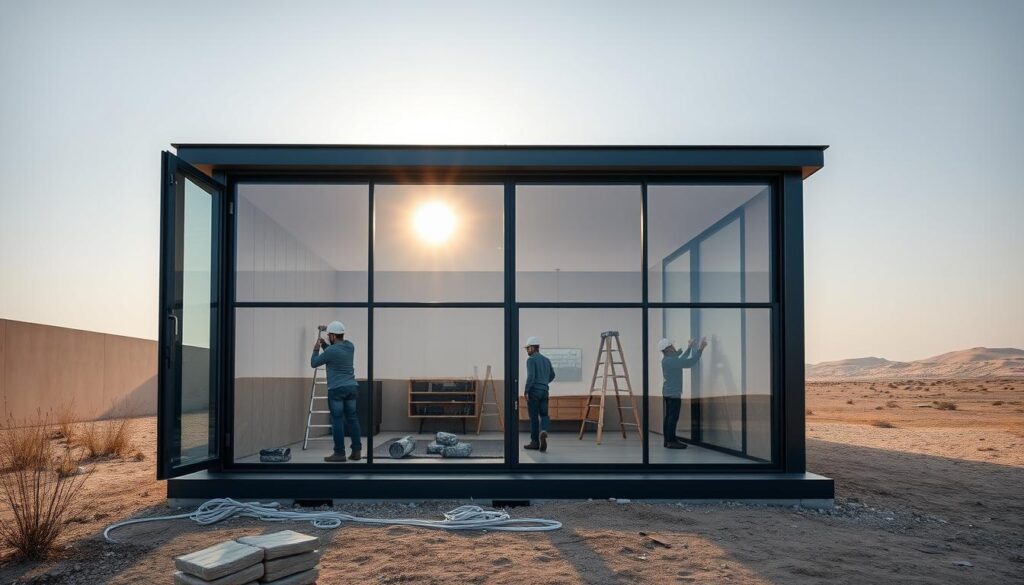 A contemporary, sleek glass and metal annex with a seamless, minimalist aesthetic. Sunlight filters through large, floor-to-ceiling windows, illuminating the clean lines of the insulated sandwich panel walls. Workers carefully install the panels, creating a cozy, open-plan space perfect for year-round use. The annex blends effortlessly with the surrounding landscape, a harmonious fusion of modern design and natural elements. Soft, diffused lighting casts a warm, inviting glow, setting the stage for comfortable outdoor living in the Eastern region of Saudi Arabia.