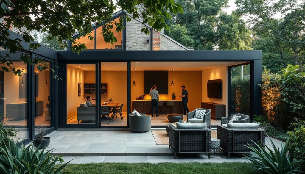 A cozy, contemporary outdoor living space with a sleek glass and steel annex addition. The annex features floor-to-ceiling windows, allowing ample natural light to flood the interior. Meticulously installed insulated sandwich panels create a seamless, energy-efficient facade. Skilled workers carefully assemble the modular structure, blending modern materials with precise craftsmanship. The annex is situated within a lush, verdant landscape, complementing the natural surroundings. Soft, diffused lighting casts a warm glow, setting an inviting ambiance for relaxation and entertaining. This thoughtfully designed annex embodies the perfect balance of form and function, elevating the overall aesthetic of the outdoor living area.