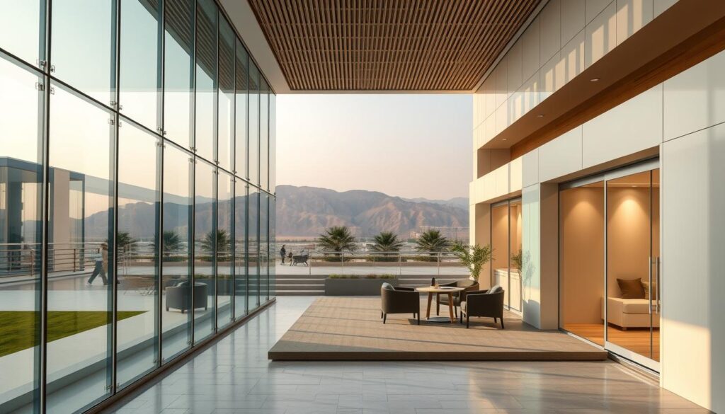 A harmonious blend of contemporary architecture and sustainable materials, where pristine glass facades reflect the vibrant hues of the Eastern landscape. Sleek, insulated sandwich panels meticulously installed by skilled workers, creating a seamless fusion of form and function. Elegant, well-proportioned annexes and rooms that embody the essence of quality craftsmanship, designed to elevate the outdoor experience with precise attention to detail. Soft, diffused lighting accentuates the clean lines and sophisticated aesthetic, evoking a sense of timeless sophistication. This captivating scene encapsulates the standards of excellence that define the Riyadh leadership's vision for the 2026 outdoor pavilions.