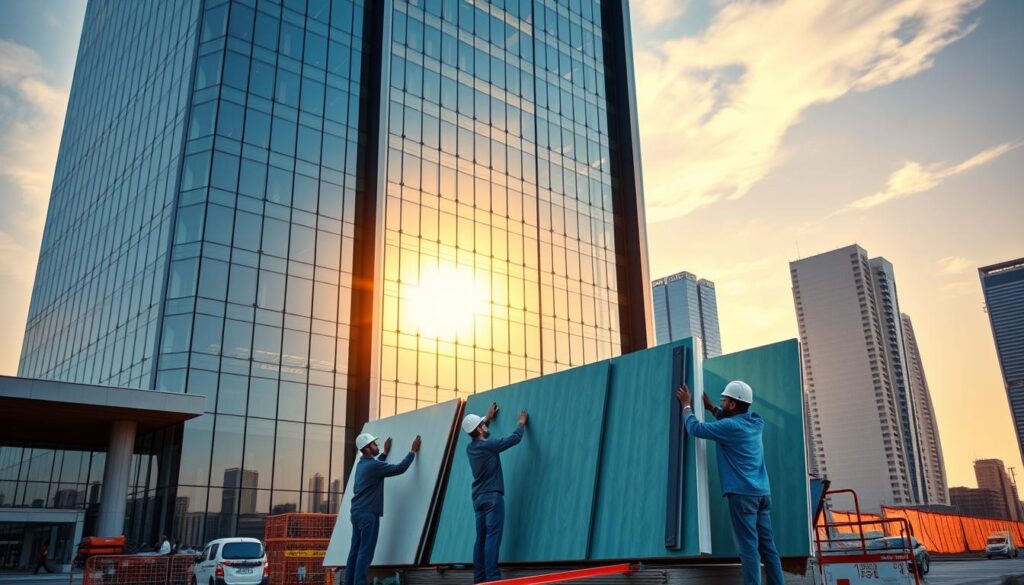 A large modern commercial building stands tall, its sleek glass façade reflecting the vibrant Saudi skyline. In the foreground, workers skillfully install insulated sandwich panels, their attention focused on the task at hand. The scene exudes a sense of efficiency and precision, as the building takes shape before our eyes. Warm sunlight filters through the glass, casting a gentle glow across the workspace. The overall atmosphere conveys the idea of a thriving, well-executed construction project, a testament to the region's growing architectural prowess.