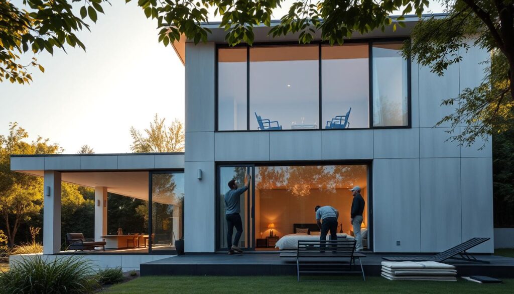 A luxurious modern annex with a sleek glass design, bathed in warm natural light filtering through large windows. The exterior features a harmonious blend of minimalist architectural elements and high-quality insulated sandwich panels in a neutral color palette, creating a seamless, energy-efficient structure. The annex is situated in a lush, verdant setting, evoking a sense of tranquility and elegance. Skilled workers meticulously install the panels, ensuring a precise and professional finish. The resulting image should convey the ideal balance of sophisticated design, exceptional craftsmanship, and environmental sustainability, reflecting the article's focus on the perfect annex design.