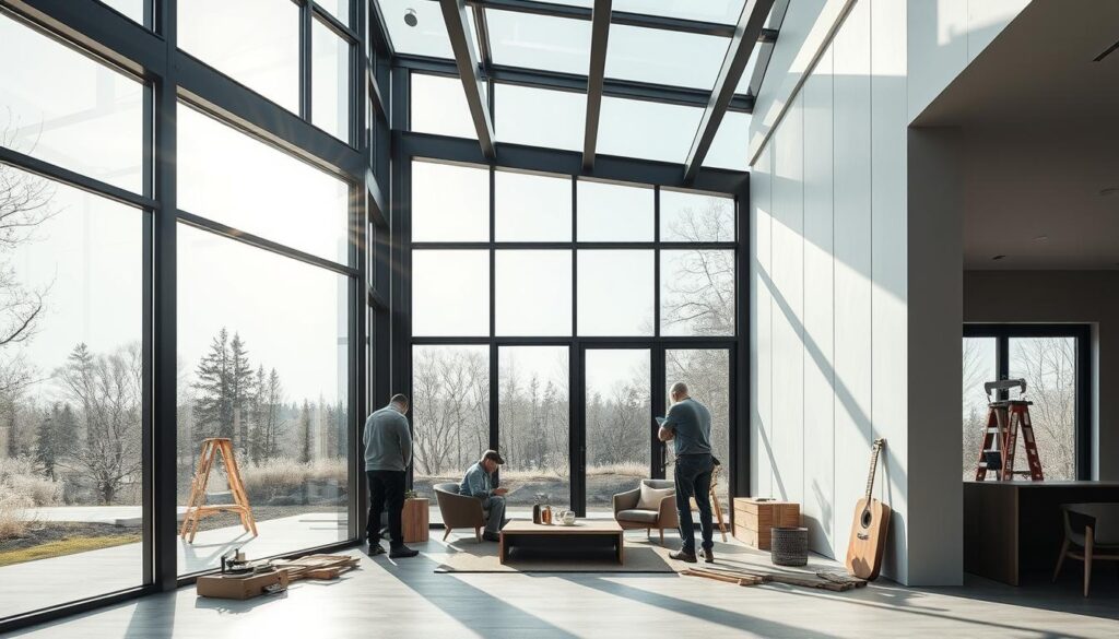 A luxurious modern glass and steel annex with a minimalist design, meticulously crafted with premium materials. Sunlight streams through the floor-to-ceiling windows, creating a warm and inviting ambiance. Precision-engineered insulated sandwich panels line the walls, ensuring energy efficiency and thermal comfort. The clean lines and sleek aesthetic seamlessly blend form and function, elevating the overall living experience. Skilled workers carefully install the high-quality components, bringing the homeowner's vision to life with exceptional attention to detail.