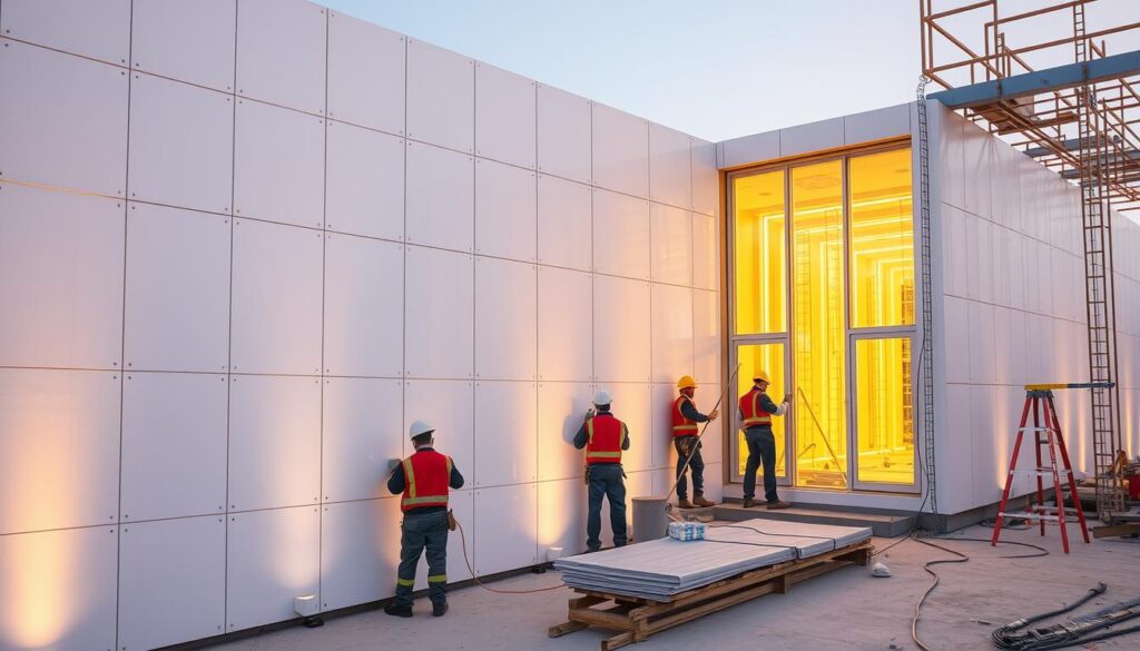 A meticulously crafted sandwich panel construction project in Dhahran, Saudi Arabia. A team of skilled workers carefully installing gleaming white insulated panels, creating a seamless and visually striking exterior. Warm, indirect lighting casts a soft glow, highlighting the clean lines and precise engineering. The panels, arranged in a harmonious pattern, reflect the innovative architectural vision for modern annexes and glass rooms. The scene radiates a sense of quality, efficiency, and a commitment to sustainable building practices. The final image should convey the remarkable attention to detail and the fusion of function and aesthetic in this exceptional construction endeavor.