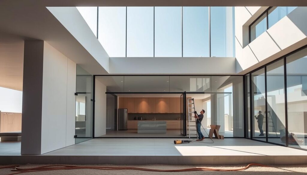 A meticulously designed modern annex with seamless glass walls and an elegant architectural layout. Sunlight filters through the large windows, casting a warm glow on the insulated sandwich panels being installed by skilled workers. The clean, minimalist aesthetic creates a harmonious and inviting space, perfect for extending living areas or creating a luxurious lounge. Precise engineering and thoughtful details elevate this annex, making it the ideal addition to a contemporary Saudi home.