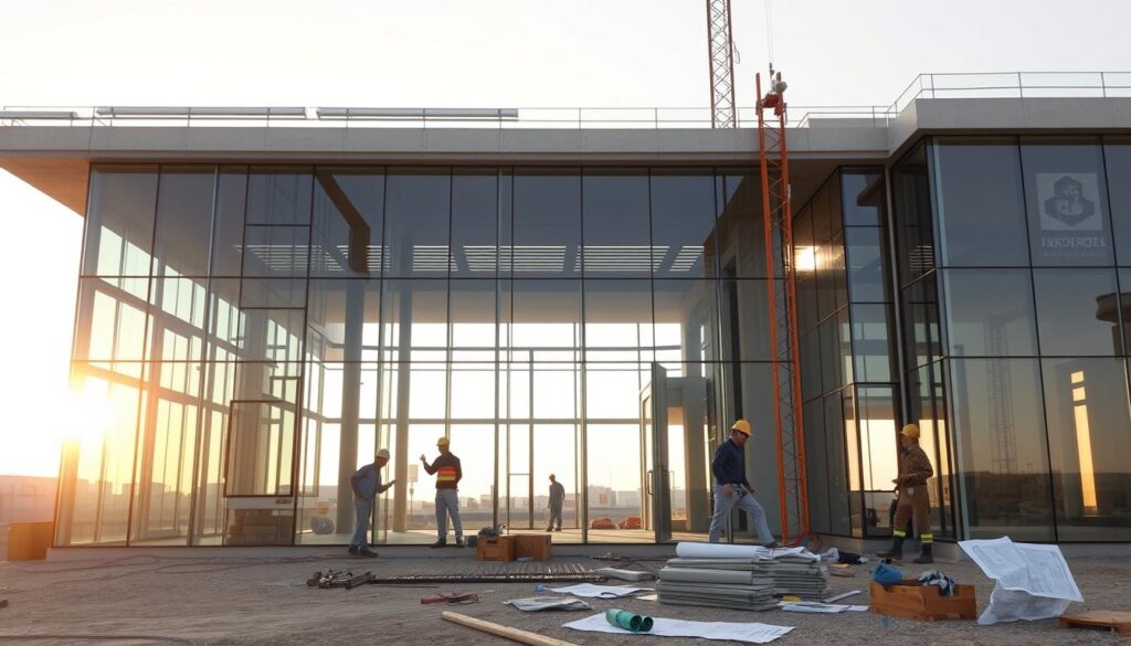 A meticulously planned construction site in Dammam and Al-Khobar, Saudi Arabia. Workers diligently install glass-paneled walls and energy-efficient insulated sandwich panels, creating modern annexes and elegant living spaces. Warm sunlight filters through the expansive glazing, casting a soft glow over the meticulous details. Architectural plans and blueprints are carefully followed, ensuring a flawless execution of the project's vision. The scene exudes a sense of organized efficiency and refined craftsmanship, reflecting the high standards of the prestigious residential development.
