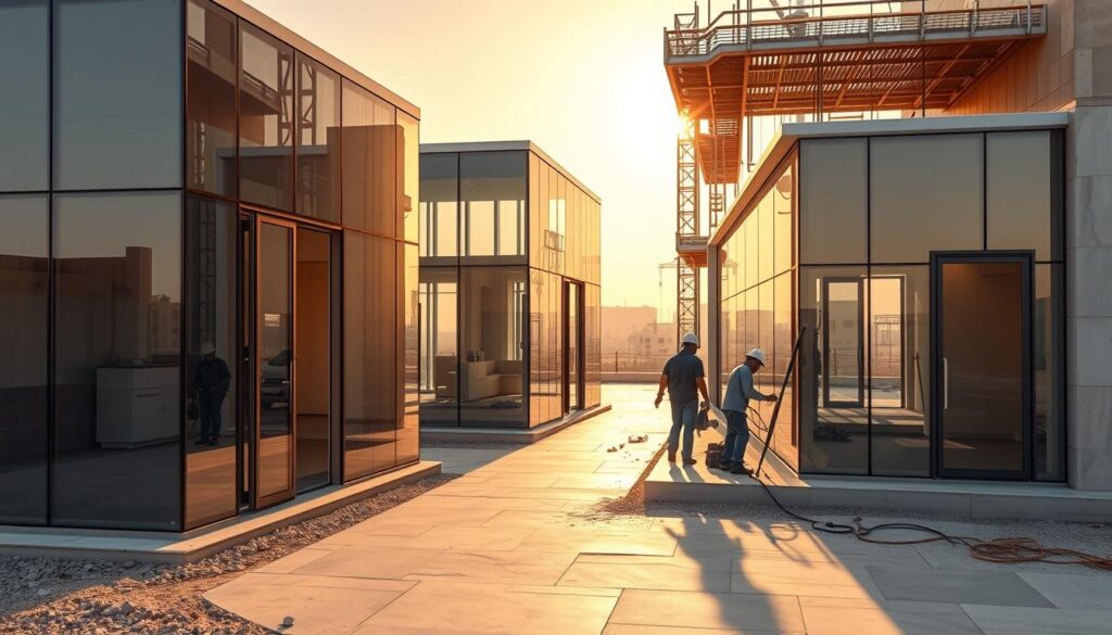 A modern and luxurious building site in Saudi Arabia, featuring sleek glass rooms and annexes with workers expertly installing insulated sandwich panels. The scene is bathed in warm, natural lighting that highlights the high-quality materials and attention to detail. The smooth, seamless integration of glass, steel, and advanced construction techniques creates an atmosphere of sophistication and innovation. The carefully composed image showcases the latest trends in exterior architecture, blending functionality and aesthetics to elevate the overall building experience.