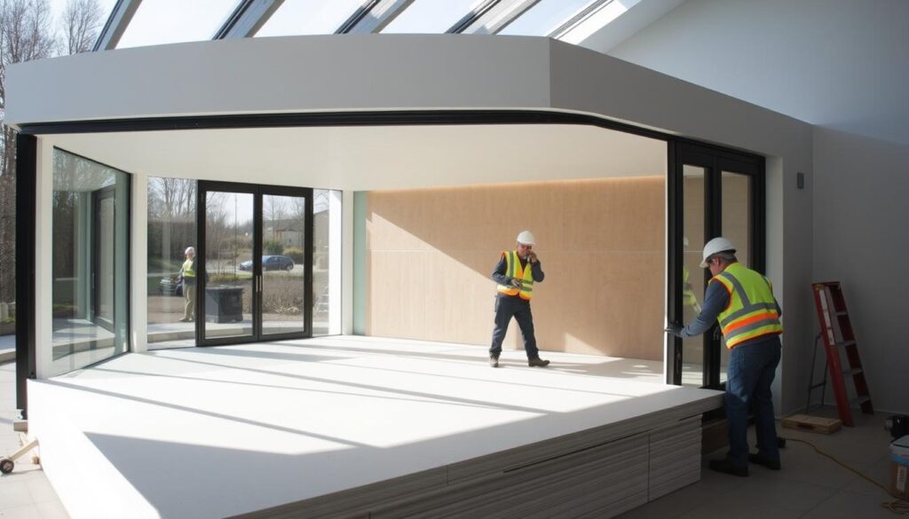 A modern and sleek glass-enclosed annex with workers meticulously installing insulated sandwich panels. The structure boasts a minimalist design, featuring clean lines and large windows that flood the interior with natural light. The sandwich panels, in a neutral color palette, offer both thermal efficiency and a seamless aesthetic. The workers, wearing protective gear, expertly align the panels, ensuring a precise and cohesive installation. The scene conveys a sense of professionalism and attention to detail, highlighting the quality craftsmanship and the versatility of these ready-made annexes for residential and commercial applications.