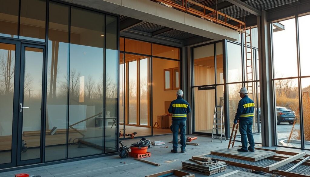 A modern architectural masterpiece unfolding, as skilled engineers meticulously oversee the construction of sleek glass-enclosed annexes and rooms. Gleaming insulated panels are seamlessly installed, guided by their watchful eyes, ensuring precision and quality. The scene radiates an aura of cutting-edge design, with every detail thoughtfully considered to create a harmonious, sophisticated space. Warm, natural lighting cascades through the expansive glazing, casting a serene ambiance over the scene. This is the essence of "إشراف هندسي" - a harmonious blend of technical expertise and artistic vision, elevating the building process to new heights.