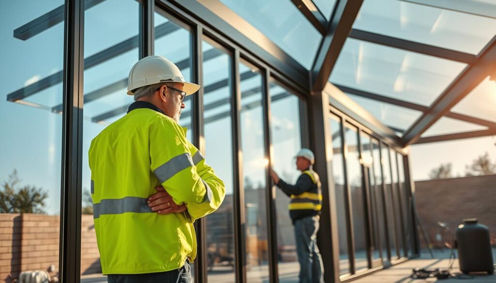 A modern engineering supervisor oversees the construction of a sleek, glass-enclosed outdoor room. Sunlight floods the space through towering panels, their insulated frames seamlessly integrated. Skilled workers precisely install the gleaming materials, ensuring optimal performance and a flawless aesthetic. The scene exudes a sense of precision, innovation, and a commitment to high-quality, energy-efficient solutions for open-air living. Subtle industrial accents complement the clean, sophisticated design, creating an inviting, contemporary atmosphere. This image captures the essence of expert engineering guidance shaping the future of outdoor spaces.