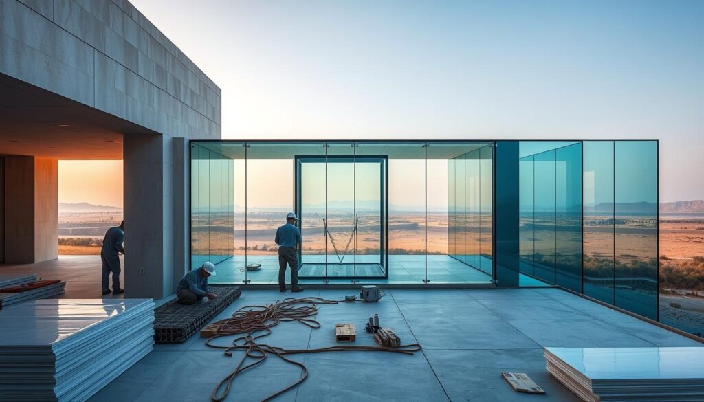 A modern glass-enclosed annex with a panoramic view, showcasing the intricate installation process. The foreground features workers meticulously assembling insulated sandwich panels, ensuring thermal efficiency. In the middle ground, a sleek, minimalist glass structure emerges, its seamless integration with the surrounding architecture creating a harmonious blend. The background offers a picturesque landscape, hinting at the breathtaking vistas that will greet the occupants. Warm, diffused lighting bathes the scene, accentuating the transparency and elegance of the design. This image captures the precise, step-by-step execution of a cutting-edge glass room project in the Eastern region of Saudi Arabia.