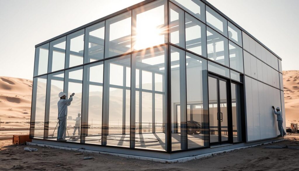 A modern glass-enclosed annex with workers expertly installing sleek, high-quality sandwich panels on the exterior. Sunlight filters through the panels, casting a warm, inviting glow. The building's clean lines and minimalist aesthetic evoke a sense of sophistication and attention to detail. In the background, the sandy terrain of Jubail, Saudi Arabia, provides a striking contrast. The overall scene conveys the use of innovative building materials and techniques to create a striking, yet functional structure that seamlessly blends with the surrounding environment.