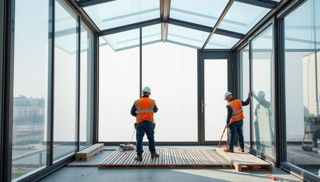 A modern glass-enclosed annex with workers installing high-quality insulated sandwich panels. The structure features a sleek, minimalist design with clean lines and large windows that flood the interior with natural light. The panels are expertly fitted, creating a seamless, airtight envelope that ensures optimal thermal and sound insulation. The workers, clad in safety gear, meticulously measure, cut, and secure the panels, showcasing the precision and craftsmanship of their work. The scene conveys a sense of efficiency, attention to detail, and a commitment to delivering a high-performance, energy-efficient building solution.