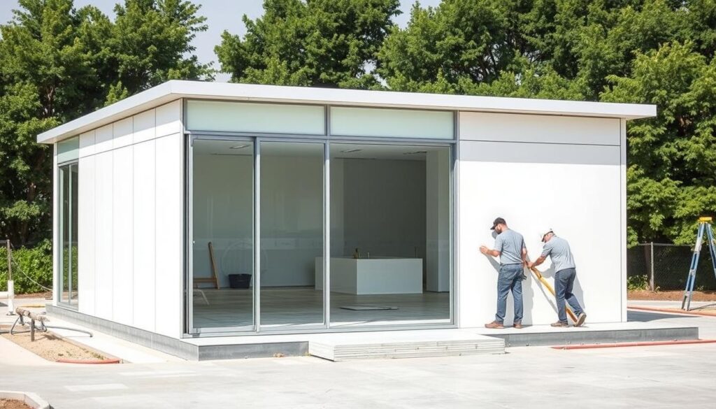 A modern glass-enclosed annex with workers installing insulated sandwich panels in Jubail, Saudi Arabia. The building features sleek, minimalist lines and large windows that allow natural light to flood the interior. The sandwich panels, composed of a core of rigid foam insulation sandwiched between two sturdy metal sheets, provide efficient thermal and acoustic insulation. The workers carefully measure and cut the panels, ensuring a seamless, precise fit. The annex is situated against a backdrop of lush greenery, creating a harmonious blend of contemporary architecture and the natural environment. The scene conveys a sense of efficient, high-quality construction and a commitment to energy-efficient design.