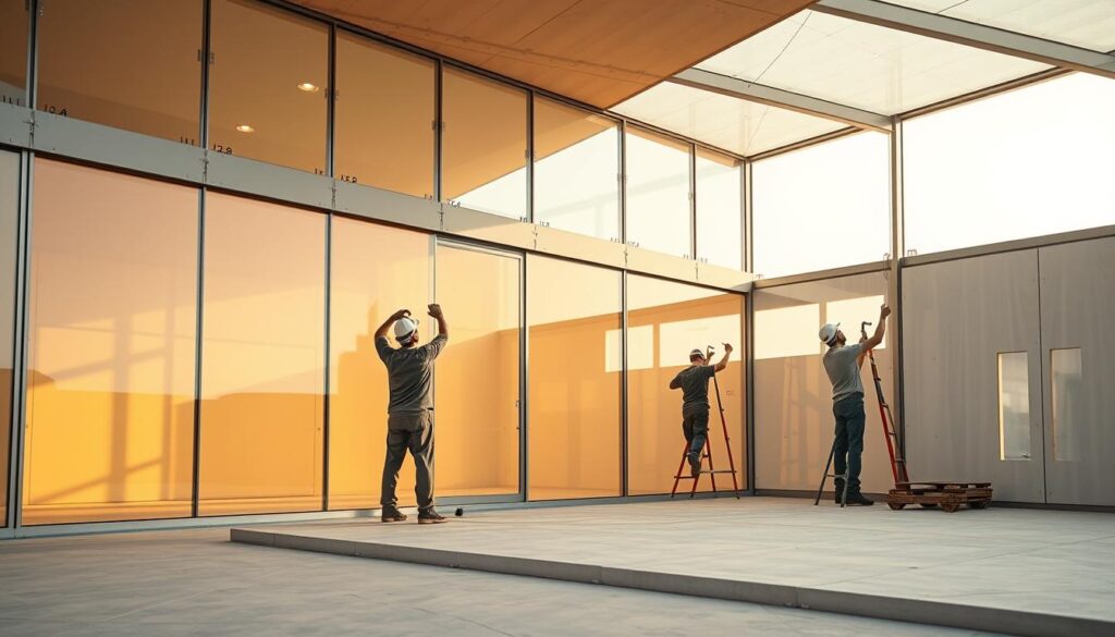 A modern, glass-enclosed outdoor room in Saudi Arabia, with workers meticulously installing insulated sandwich panels. The structure features clean lines, a minimalist aesthetic, and an abundance of natural light, creating a seamless transition between indoor and outdoor spaces. Warm, diffused lighting illuminates the scene, accentuating the smooth textures of the panels and the precision of the installation. The composition emphasizes the structural integrity and thermal efficiency of the sandwich panel construction, showcasing its suitability for the region's climate and architectural design trends.