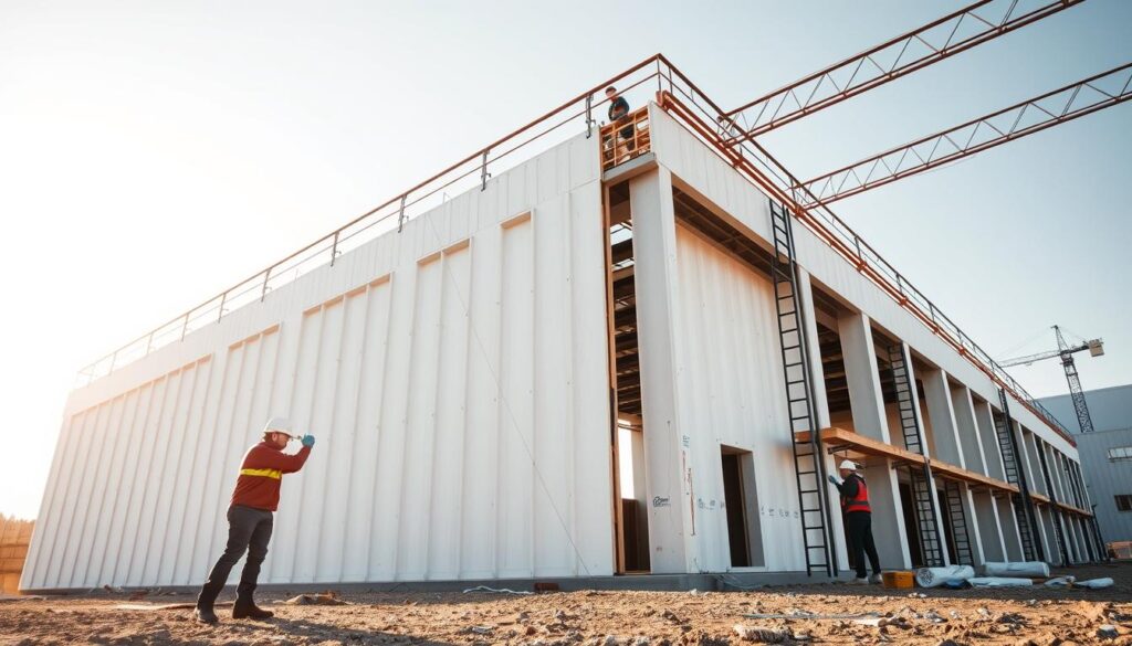 A modern industrial-style building under construction, with workers meticulously installing insulated sandwich panels to create energy-efficient walls and ceilings. The scene is bathed in warm, natural sunlight, casting soft shadows and highlights across the clean, minimalist design. In the foreground, a close-up view showcases the intricate layering of the sandwich panel, revealing its sturdy core and sleek exterior. The middle ground features the workers' skilled handiwork, as they precisely align and secure the panels to form the structure's shell. In the background, the building's elegant silhouette emerges, hinting at the architectural vision that will soon come to life. The overall atmosphere exudes a sense of precision, innovation, and a commitment to sustainable construction practices.