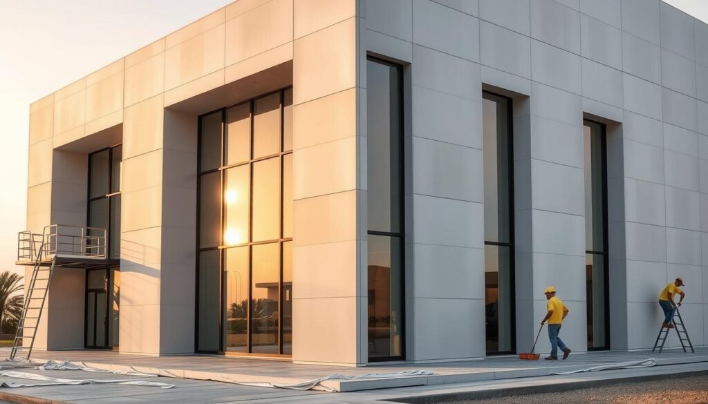 A modern, meticulously constructed building with sleek, uniform sandwich panels installed by skilled workers. The panels, in a neutral palette, seamlessly blend the facade, creating a harmonious and visually striking exterior. Warm, natural lighting filters through large, expansive windows, casting a soft glow and highlighting the high-quality materials and craftsmanship. The scene conveys a sense of luxury, attention to detail, and a modern, Gulf-inspired architectural aesthetic.