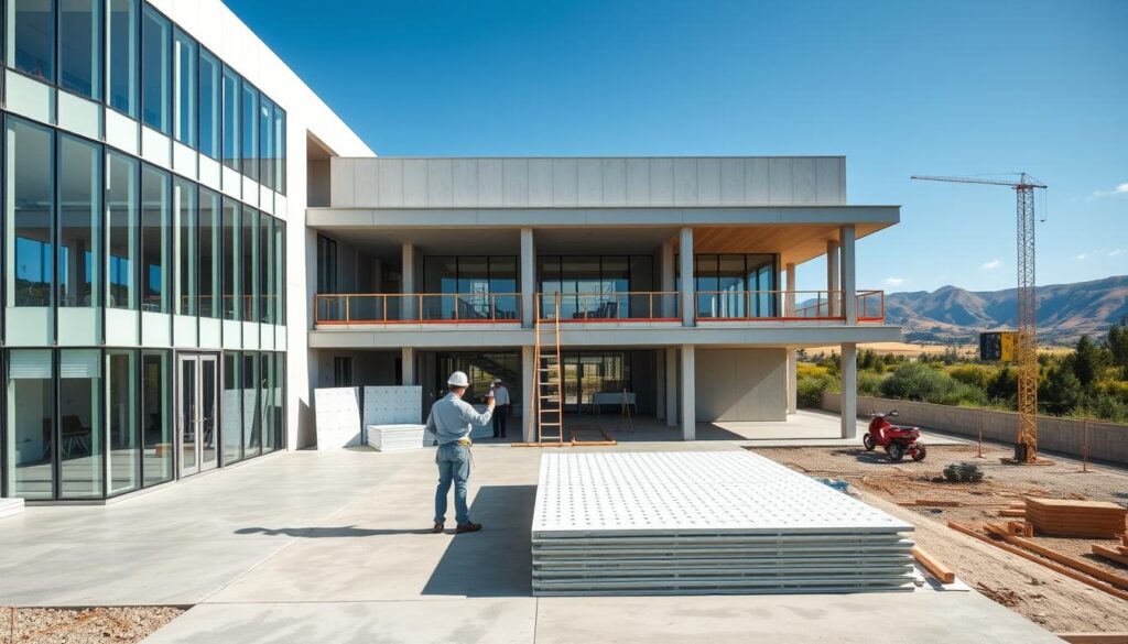 A modern multi-story annex with sleek glass walls and a minimalist facade stands proudly in the foreground, its clean lines and abundant natural light creating an airy, sophisticated atmosphere. In the middle ground, skilled construction workers meticulously install insulated sandwich panels, their precise movements and safety gear reflecting the project's attention to detail and quality. The background features a vibrant, sun-drenched landscape, hinting at the warm climate and serene setting of this architectural marvel. Crisp shadows and soft highlights sculpt the forms, while a subtle color palette of grays, whites, and blues evokes a sense of contemporary elegance. The overall scene conveys a vision of efficiency, durability, and architectural excellence.