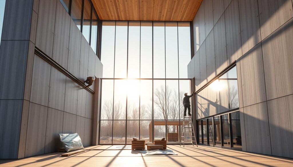 A modern, well-crafted building emerges, its exterior clad in sleek, insulated sandwich panels. Skilled workers meticulously install the panels, creating a seamless, energy-efficient facade. Sunlight streams through large, panoramic windows, flooding the interior with a warm, inviting glow. The structure's clean lines and minimalist design evoke a sense of refined elegance, perfectly suited for a glass-enclosed, panoramic space. Cement board accents add a touch of industrial charm, complementing the overall aesthetic. The scene captures the essence of modern, sustainable construction techniques, poised to redefine the future of architectural design in the Eastern region.