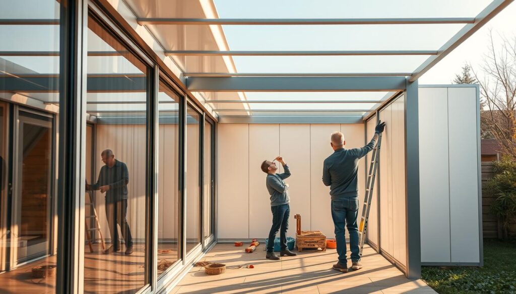 A modern, well-lit outdoor space with a sleek glass and aluminum structure. Meticulously crafted sandwich panels line the walls, their seamless joints creating a clean, contemporary aesthetic. Skilled technicians carefully install the insulated panels, ensuring a precise and efficient assembly. The structure is bathed in warm, natural lighting, casting subtle shadows and highlighting the interplay of materials. The overall atmosphere evokes a sense of understated elegance, showcasing the latest advancements in modular, energy-efficient annexes for outdoor living.