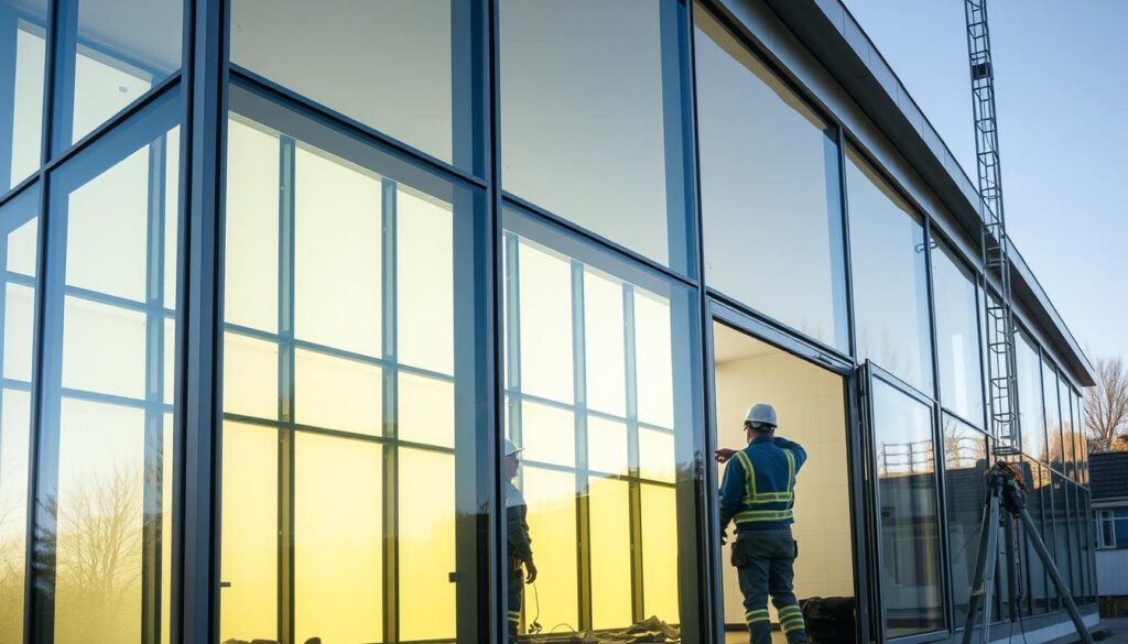 A modernist glass-enclosed annex with sleek insulated sandwich panels meticulously installed by skilled construction workers. The annex's transparent facade bathes the interior in a warm, natural light, creating an inviting and airy atmosphere. Precise architectural detailing, including seamless panel joints and gleaming metallic trim, showcases the engineering prowess. Subtle shadows and reflections lend depth and dimensionality to the scene, capturing the interplay of light and materials. The annex stands as a striking, contemporary addition to the surrounding landscape, a testament to the innovative design and flawless execution of the building project.