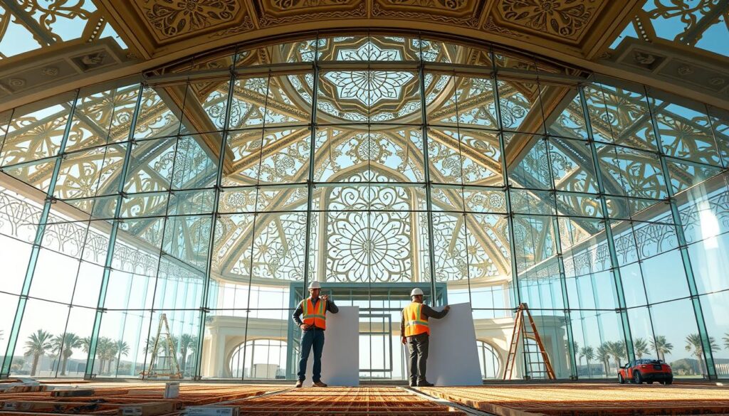A panoramic glass structure in a Middle Eastern architectural style, featuring intricate geometric patterns and ornate details. The building's exterior is composed of sleek, seamless glass panels that reflect the vibrant natural surroundings. Bright natural sunlight filters through the transparent walls, creating a warm, inviting ambiance. In the foreground, construction workers in safety gear are carefully installing insulated sandwich panels, ensuring the structure's energy efficiency and sustainability. The scene conveys a sense of modernity, elegance, and attention to craftsmanship, capturing the essence of "غرف زجاجية الشرقية 2026" within the context of the article's section on building costs and finishes.