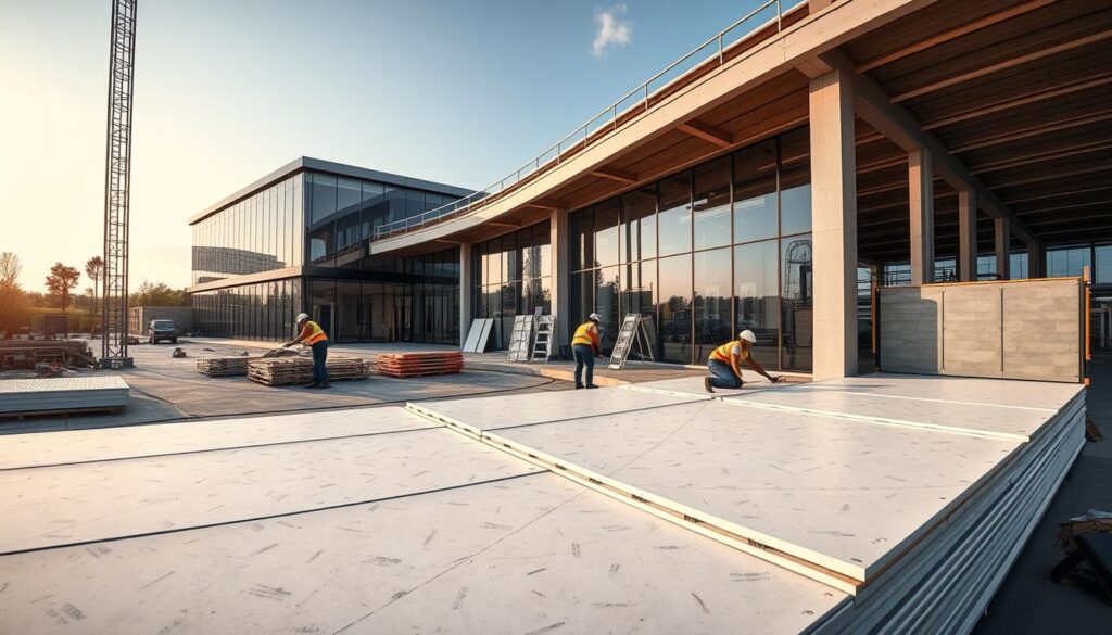 A panoramic view of a modern commercial construction site, showcasing the meticulous installation of high-quality insulated sandwich panels. In the foreground, skilled workers meticulously align and secure the panels, ensuring a seamless, air-tight fit. The middle ground features a well-organized layout of materials and tools, reflecting a commitment to quality control and attention to detail. The background depicts the overall structure, a sleek glass-and-steel annex that blends harmoniously with the surrounding architecture. Warm, directional lighting casts subtle shadows, highlighting the precision of the workmanship. The atmosphere conveys a sense of professionalism, efficiency, and a dedication to the highest standards of quality.