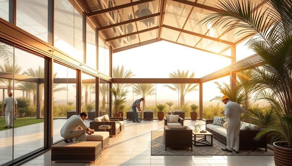 A picturesque outdoor gathering space in Jubail, Saudi Arabia. Elegant glass-enclosed annexes with sleek steel frames and insulated sandwich panels line the periphery, creating a seamless transition between the interior and the lush, verdant surroundings. Warm, diffused natural light filters through the glass, casting a soft glow on the meticulously designed furnishings and accents. In the foreground, skilled workers meticulously install the panels, ensuring a precise and cohesive aesthetic. The scene exudes a sense of refined opulence, perfectly complementing the article's focus on luxurious outdoor living spaces in the Eastern Province.