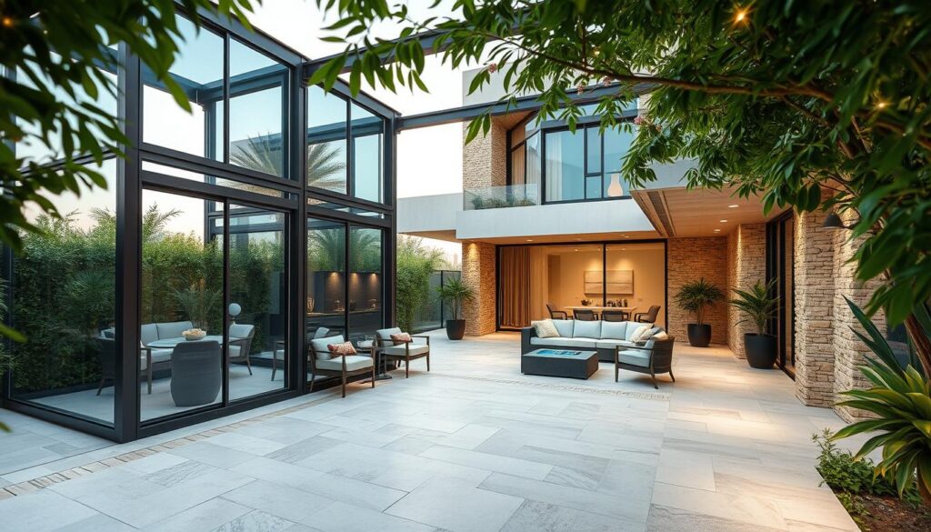 A serene outdoor living space in the heart of Qatif, Saudi Arabia. Towering glass-enclosed annexes with sleek metal framing and seamless connections to the main villa. Vibrant greenery frames the scene, complementing the warm natural stone accents. Skilled workers meticulously install insulated sandwich panels, ensuring energy efficiency and a comfortable year-round ambiance. Soft, diffused lighting highlights the architectural details and creates a cozy, inviting atmosphere for relaxation and entertainment. The modern design effortlessly blends indoor and outdoor living, inviting residents to enjoy the pleasant climate and stunning vistas of the Qatif region.