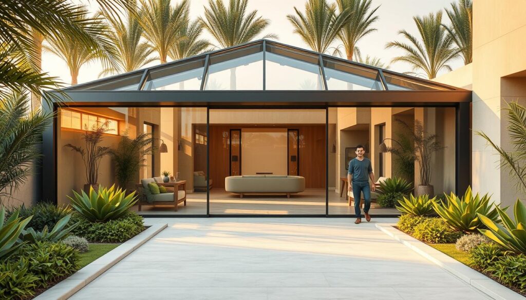 A serene outdoor oasis with a modern, glass-enclosed annex nestled amidst lush, verdant landscaping. The annex features sleek, insulated sandwich panels that flood the space with natural light, creating a seamless connection between the interior and the picturesque surroundings. Skilled workers carefully install the panels, meticulously crafting a stunning architectural marvel that blends traditional Arabic design elements with cutting-edge construction techniques. The warm, golden tones of the afternoon sun cast a soft, ambient glow, highlighting the elegant lines and reflective surfaces of the annex. This harmonious fusion of indoor and outdoor spaces exemplifies the future of luxury living in the Eastern region of Saudi Arabia.