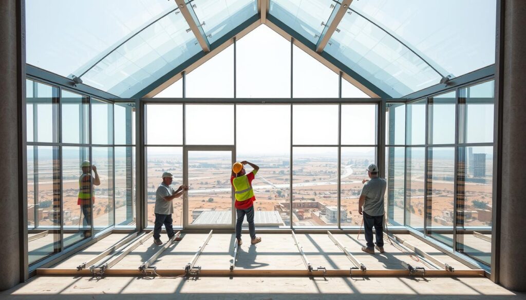 A sleek, contemporary glass annex with workers expertly installing insulated sandwich panels in the Eastern province of Saudi Arabia. The structure features clean lines, floor-to-ceiling windows, and a seamless blend of glass and metal. Bright, natural light floods the interior, creating a spacious, airy ambiance. The panels are meticulously aligned, showcasing their superior craftsmanship and thermal efficiency. In the foreground, workers in hard hats carefully measure and secure the panels, their focused expressions and precise movements highlighting the technical precision required. In the background, a panoramic view of the surrounding landscape sets the scene, emphasizing the structure's harmonious integration with its environment.
