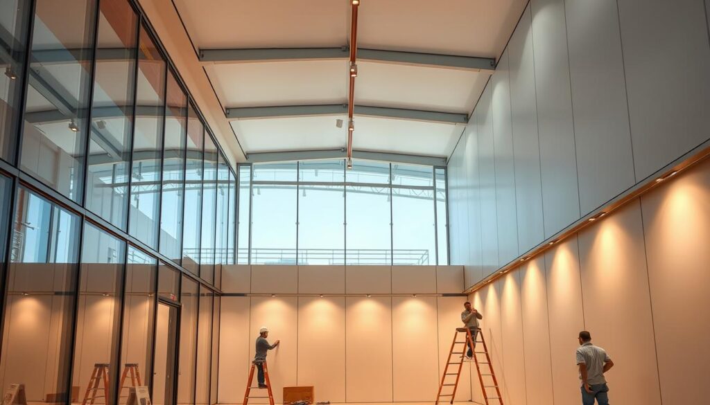 A sleek, minimalist interior with glass walls and high ceilings, flooded with natural light. Crisp, matte-finished insulated panels line the walls, creating a seamless, high-quality aesthetic. Warm, diffused lighting casts a soft glow, highlighting the clean architectural lines and attention to detail. Workers diligently install the panels, their movements captured in a dynamic, professional atmosphere that conveys precision and excellence. The scene embodies the principles of quality, craftsmanship, and efficiency that define the standards of the Riyadh Eastern Region.
