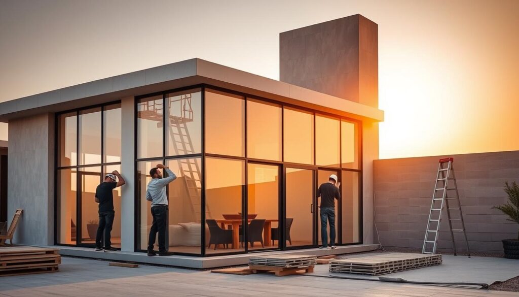 A sophisticated and contemporary architectural scene showcasing the latest advancements in building materials and techniques for 2026. The image depicts a team of skilled workers meticulously installing insulated sandwich panels to construct a modern, minimalist glass-enclosed annex addition onto a traditional Saudi Arabian structure. Warm, diffused natural light filters through the large windows, creating a serene and welcoming atmosphere. The clean lines, angular geometry, and use of high-quality, energy-efficient materials highlight the progressive and innovative approach to outdoor living spaces in the region. The overall mood is one of sophistication, functionality, and a seamless integration of old and new design elements.