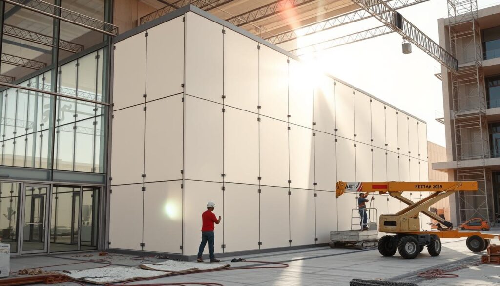 A sophisticated construction site in the Eastern Province of Saudi Arabia, workers carefully install insulated sandwich panels to create a sleek, energy-efficient annex. Sunlight streams through the glass walls, illuminating the precision of the installation process. The panels interlock seamlessly, their clean lines and neutral tones blending harmoniously with the surrounding architecture. A skilled team operates specialized equipment, ensuring a meticulously executed project that will stand the test of time. The scene conveys a sense of sophisticated, modern engineering in action, poised to transform the local landscape.