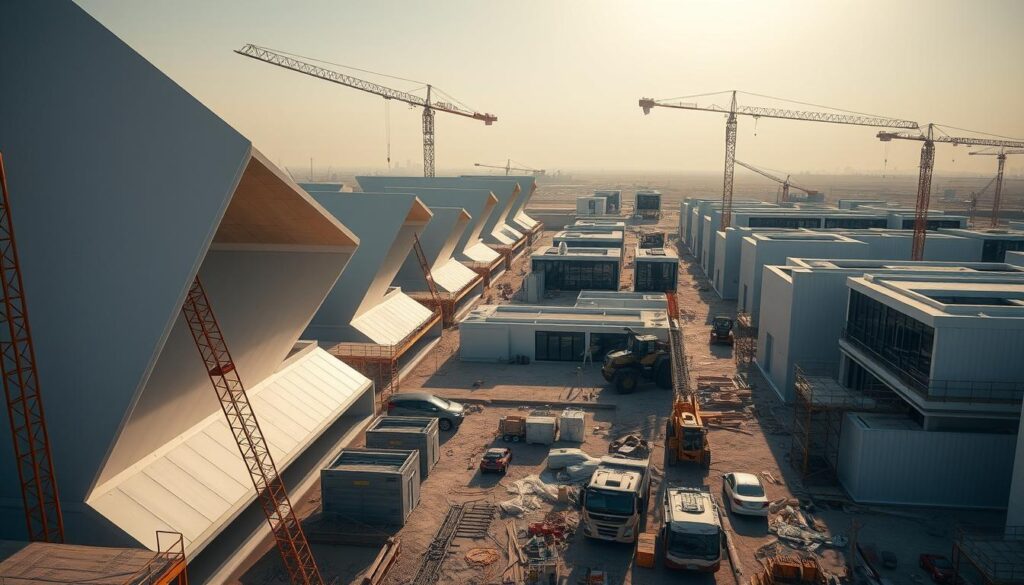 A sprawling construction site in Dhahran, Saudi Arabia, where workers meticulously install insulated sandwich panels to craft cutting-edge modern annexes and glass-enclosed rooms. Sleek, angular forms cast dynamic shadows as the mid-day sun illuminates the scene, creating a sense of architectural dynamism. In the foreground, cranes and heavy machinery lend an air of industrial progress, while the middle ground showcases the intricate details of the building process. The background fades into a hazy skyline, hinting at the larger context of this ambitious engineering project. The overall atmosphere conveys a harmonious blend of precision, innovation, and regional craftsmanship.