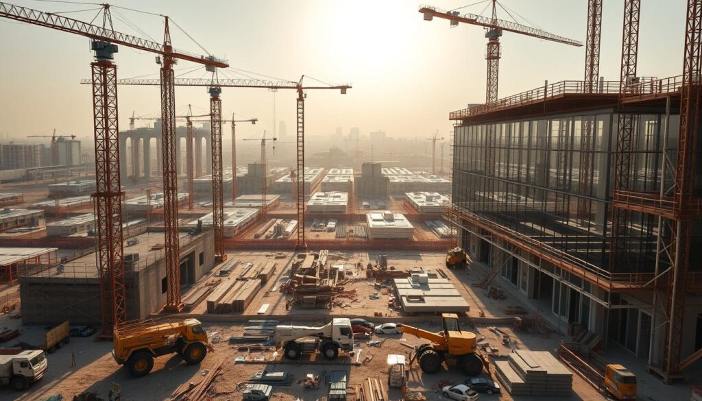 A sprawling construction site in the heart of Jubail, Saudi Arabia. Rows of cranes and towering scaffolding frame the scene, as workers meticulously install sleek, insulated sandwich panels to create modern, glass-encased annexes and living spaces. Sunlight streams through the translucent panels, casting a warm, ethereal glow over the bustling worksite. In the foreground, heavy machinery and tools lie scattered, testament to the precision and dedication of the builders. The background reveals the striking silhouette of the Jubail cityscape, its high-rise buildings and infrastructure emblematic of the region's rapid urbanization. This image captures the essence of Jubail's architectural evolution, a harmonious blend of function and aesthetic.