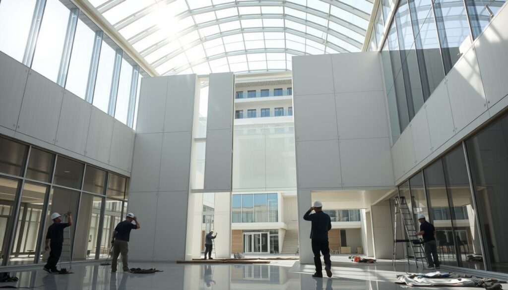 A sprawling glass atrium filled with workers expertly installing sleek, insulated sandwich panels to construct a modern architectural annex. The structure's clean lines and gleaming surfaces reflect the abundant natural light pouring in, creating a warm, welcoming atmosphere. In the foreground, workers meticulously align the panels, their skilled movements capturing the precision and care taken in this process. The middle ground showcases the partially completed structure, its modular design and efficient assembly process on full display. In the background, the existing building stands as a testament to the seamless integration of old and new, the new annex complementing the original structure. An impeccable example of the high-quality work undertaken by Riadah Al-Sharqiya, showcasing their expertise in delivering exceptional commercial and hospitality spaces.