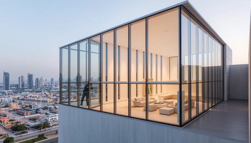 A sprawling glass-enclosed annex rises gracefully against the backdrop of a bustling Dhahran skyline. Sleek, minimalist design features clean lines and expansive windows that flood the interior with natural light. Skilled technicians meticulously install high-performance insulated sandwich panels, ensuring energy efficiency and structural integrity. The modern structure blends seamlessly with the surrounding architecture, creating a harmonious and inviting atmosphere. Carefully crafted to meet the evolving needs of the community, this annex exemplifies the future of versatile, high-quality living spaces in the Eastern region.