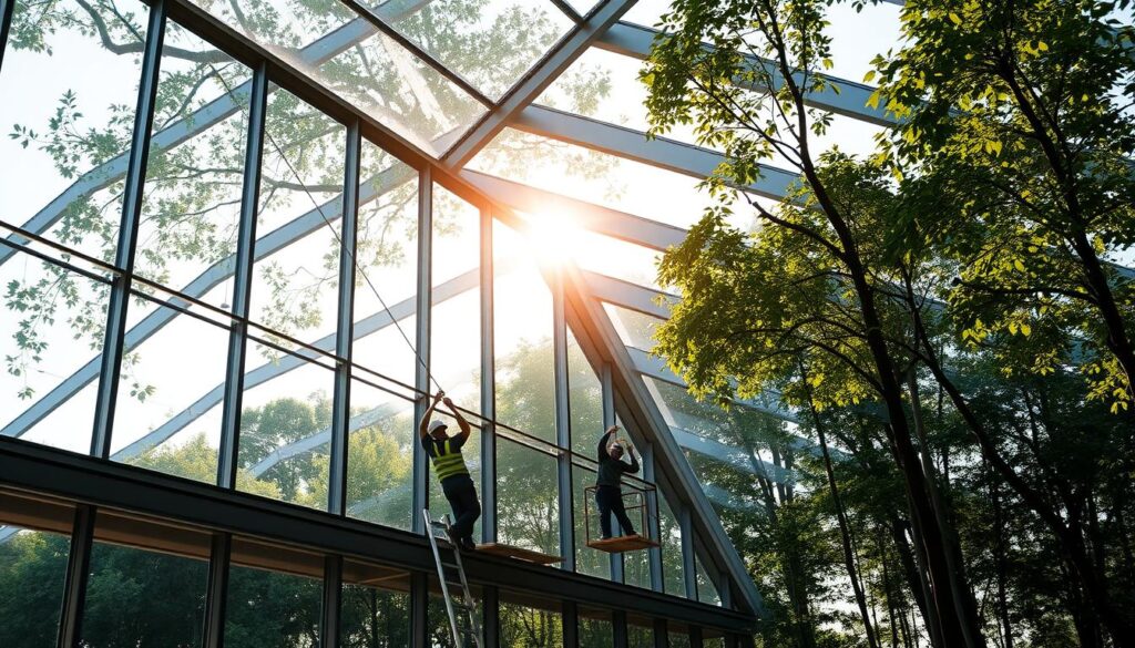 A sprawling glass structure rises against a backdrop of lush greenery, its sleek lines and angular geometry evoking a sense of architectural sophistication. Workers expertly install insulated sandwich panels, their movements coordinated and precise, ensuring the highest standards of quality construction. Dappled sunlight filters through the glass, casting a warm, natural glow that highlights the attention to detail and craftsmanship. The scene exudes a sense of modernity, innovation, and a deep commitment to the principles of quality that define the excellence of the Sharqiya region's architectural vision.