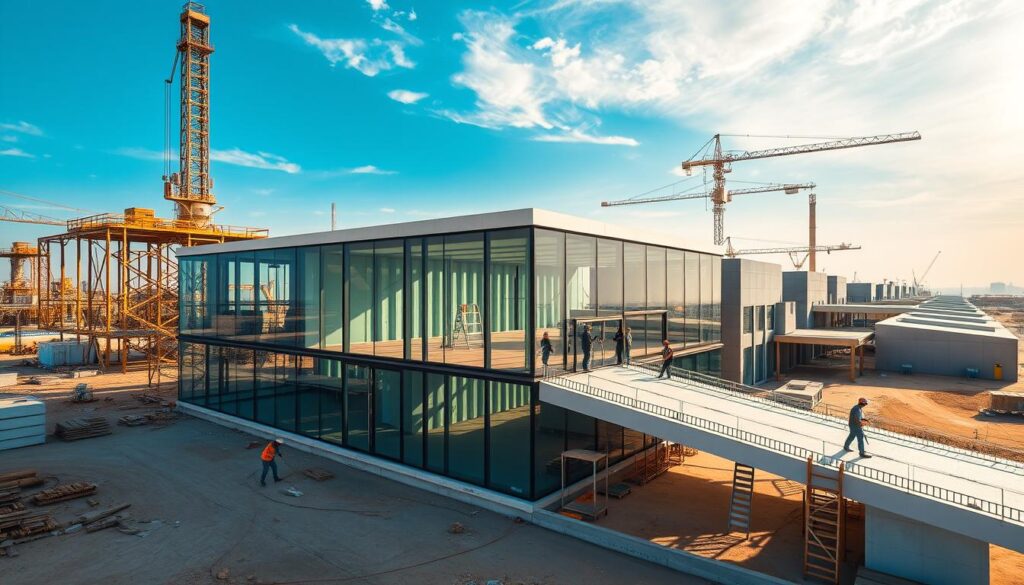 A sprawling industrial complex in Jubail, Saudi Arabia, where towering steel structures and vast glass enclosures rise against a backdrop of azure skies. Skilled workers meticulously assemble insulated sandwich panels, crafting modern, energy-efficient annexes and glass rooms that will redefine the boundaries between indoor and outdoor living. Sleek, angular forms harmonize with the arid landscape, casting dramatic shadows that dance across the surfaces. Vibrant colors and textures create a striking visual tapestry, hinting at the cutting-edge design and advanced engineering that define these cutting-edge projects.