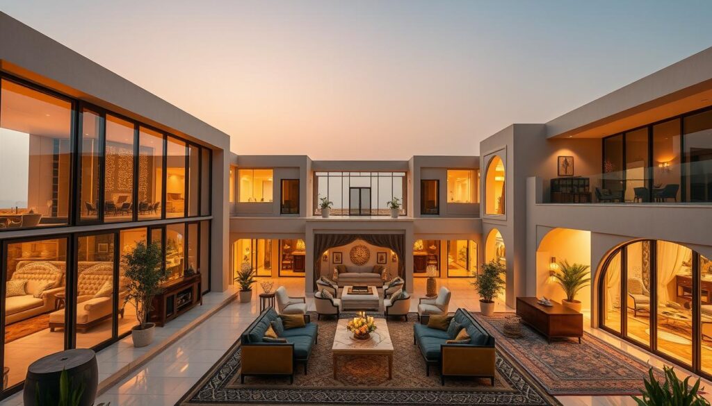 A sprawling modern compound nestled in the heart of Qatif, Saudi Arabia. Sleek glass-enclosed annexes and luxurious majlis spaces seamlessly blend traditional Arabic architectural elements with contemporary design. Skilled workers carefully install insulated sandwich panels, crafting a harmonious fusion of old and new. Warm natural light floods the interior, casting a cozy glow over the ornate furnishings and intricate details. The resulting image evokes a sense of timeless elegance, showcasing the rich cultural heritage and sophisticated aesthetic of the region.