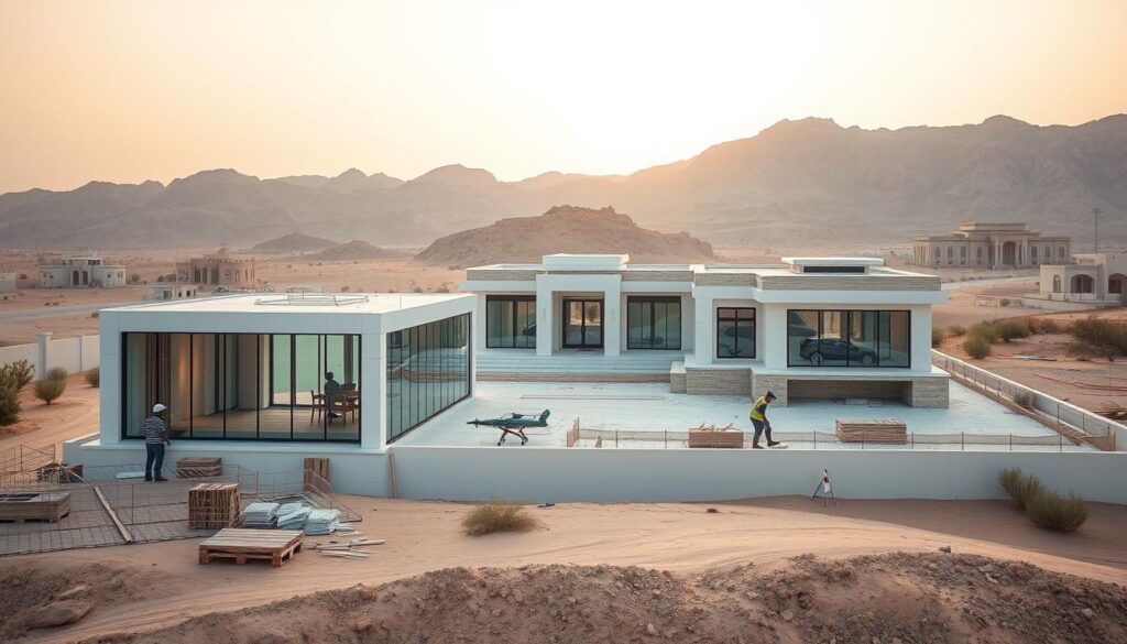 A sprawling, modern villa nestled amidst the serene desert landscape of Jubail, Saudi Arabia. The foreground showcases the construction of a sleek, glass-paneled annex, its clean lines and large windows seamlessly integrating with the villa's architectural design. Skilled workers carefully install insulated sandwich panels, ensuring optimal energy efficiency. In the middle ground, the villa's elegant facade is visible, boasting a harmonious blend of traditional and contemporary elements. The background reveals the rugged, sun-drenched terrain of the Jubail region, framing the scene with a sense of tranquility and timeless beauty. Soft, diffused lighting casts a warm glow over the entire composition, conveying a sense of balance and functionality within the luxurious setting.