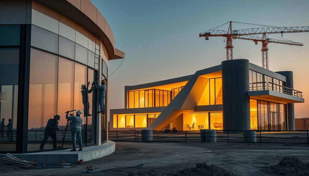 A stunning construction site showcases the future of luxury building in Saudi Arabia. In the foreground, skilled workers carefully install sleek, insulated sandwich panels to form the walls of a contemporary annex. The structure's expansive glass windows reflect the surrounding landscape, blending indoor and outdoor seamlessly. In the middle ground, a modern, angular design takes shape, with clean lines and a minimalist aesthetic. The background is bathed in warm, golden lighting, evoking a sense of opulence and sophistication. The attention to detail and high-end materials suggest a level of craftsmanship that will elevate the overall aesthetic of the property. This image captures the essence of the 2026 Eastern Province building landscape - a perfect blend of innovation, luxury, and impeccable execution.